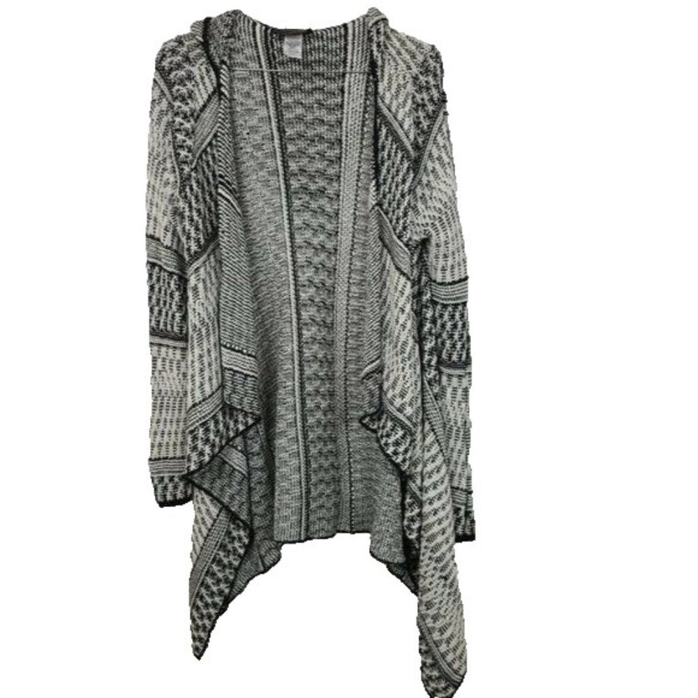 Absolutely Womens BOHO Hooded Cardigan Gray Aztec Open Cascading Longline